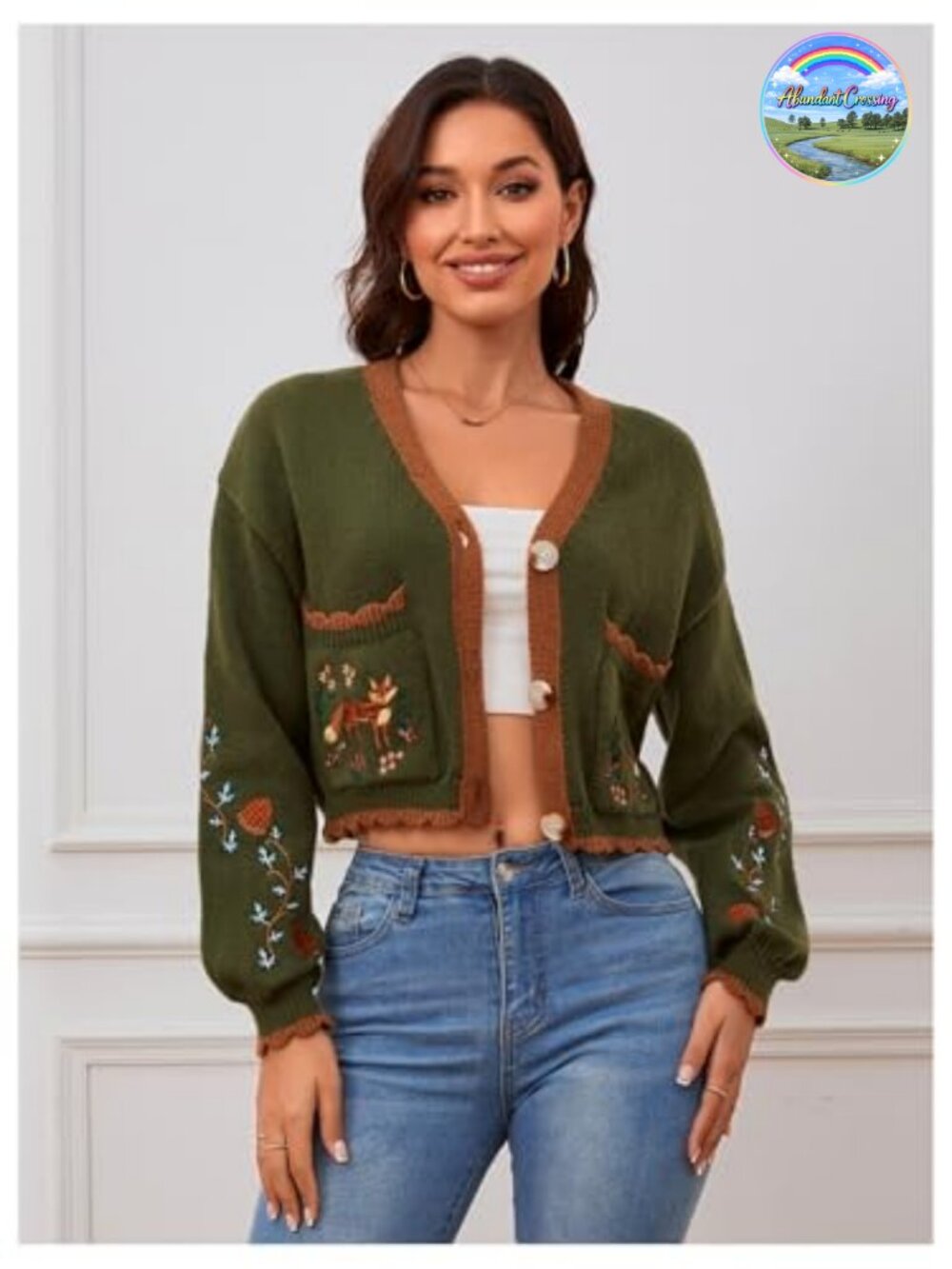 Floral Cropped Cardigan Embroidered Open Front Western Sweater - Picture 5 of 7
